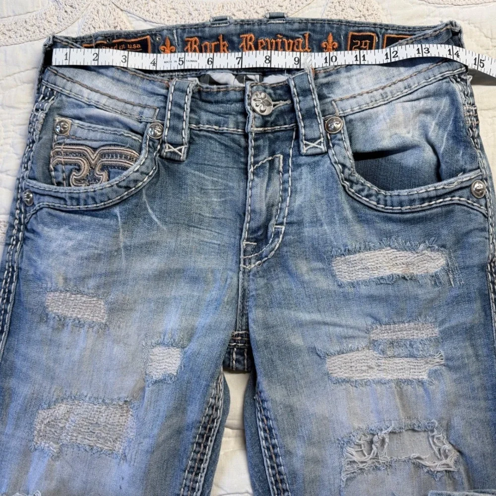 Rock Revival Stan Straight Jeans Blue Distressed Grunge Biker Festival Mens 29